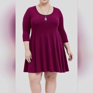 Torrid Wine Burgundy hacci Knit 3/4 fluted skater Dress 18 20 2x